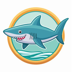 Fototapeta premium Cartoon shark swimming within a circular frame with waves, a playful and colorful ocean icon