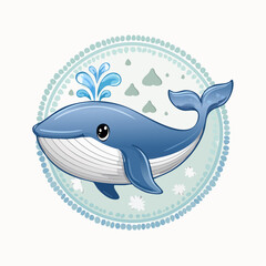 Cute Cartoon Whale Illustration with Water Spout and Decorative Circle Background