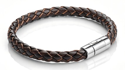 A close up of a brown braided leather bracelet with metal clasp