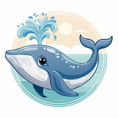 Naklejka premium Delightful cartoon whale spouting water under a bright sun in a serene seascape