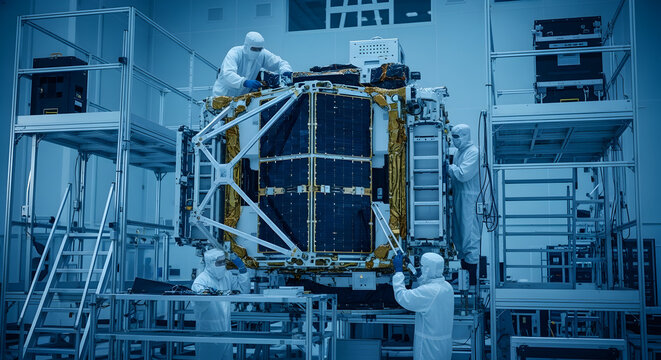 Satellite Construction in Clean Room Engineers Assemble Spacecraft Solar Panels in Lab Space Exploration Technology Engineering Futuristic Aerospace Innovation Hi Tech
