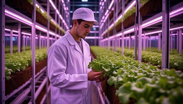 Agricultural technician examining lettuce plants growing under led lights in a vertical farm, ensuring healthy produce for sustainable agriculture