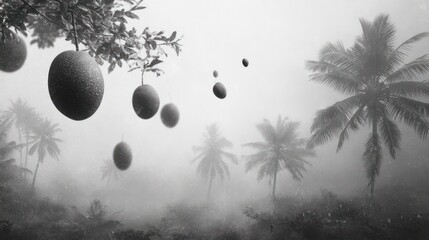 Ethereal, grayscale tropical scene with hanging fruit amidst a misty palm-tree forest