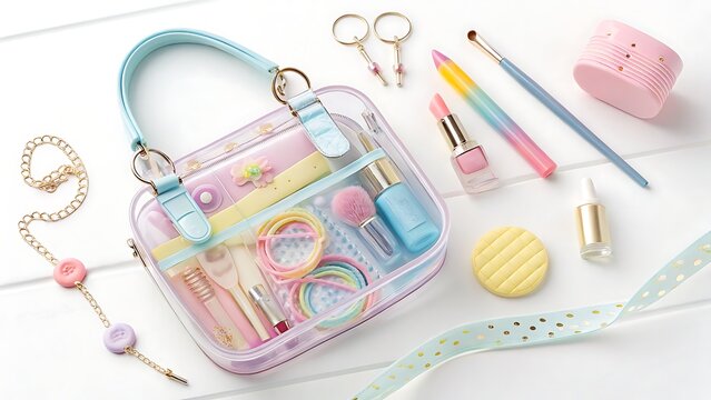 A clear purse filled with various beauty and fashion accessories