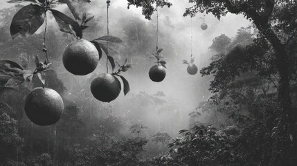 Oranges hang by string in dense, foggy forest, monochrome aesthetic, ethereal and mysterious