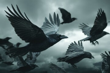 Fototapeta premium Dark Flight of Crows against Dramatic Stormy Sky Background