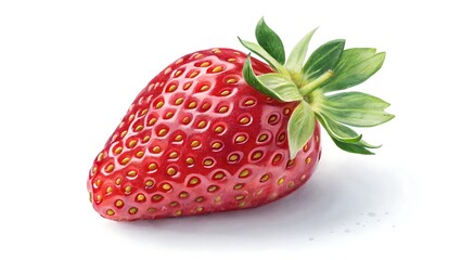 A single red strawberry with green leaves on a white background