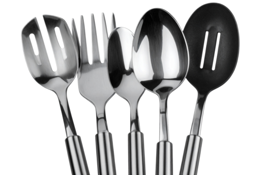 Set of Stainless Steel Cooking Spoons and Spatulas, isolated on transparent background