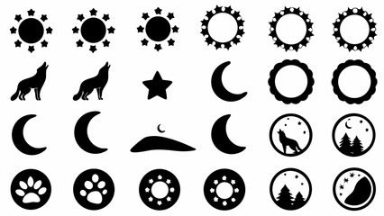 Naklejka premium Collection of silhouette images including wolves howling at the moon, stars, paw prints, and trees in black
