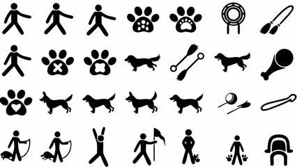 Illustration showing stick figures, dog paw prints, dogs, and various dog related items in black color silhouette