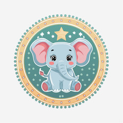 Charming Cartoon Elephant Illustration with Decorative Border and Whimsical Star Accent