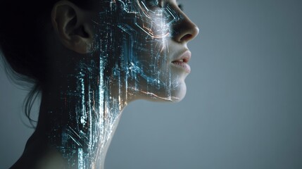 Futuristic Profile of a Woman With Skin Elasticity Data Streams in a Tech Aesthetic Setting Emphasizing Advanced Technology Features