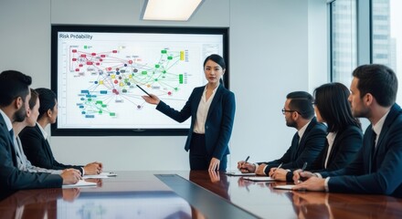 Engaging Business Presentation: Diverse Team Analyzes Risk Data in Modern Office Setting
