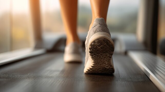 Treadmill stride: An invigorating shot capturing the rhythmic motion of running feet on a treadmill, set against a soft, natural backdrop, perfect for promoting health and wellness.
