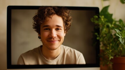 Smiling Man on a Computer Screen: A close-up shot of a smiling man on a computer screen, embodying the essence of online connection and digital presence. Surrounded by the greenery of a houseplant.