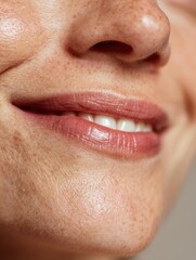 Fototapeta premium Close-up of Gentle Smile Showcasing High-Resolution Lip and Skin Texture With Clean Space at Bottom Third for Natural Beauty Focus
