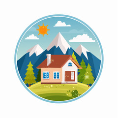 Scenic landscape illustration of a cozy house nestled in nature's embrace near majestic mountains