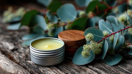 Tin of handmade balm beside eucalyptus on wood.