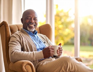 A medium shot of an elderly man sitting in a comfortable armchair by a window, a soft, contented smile on his face as he watches his grandchildren play in the garden