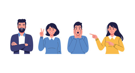 Fototapeta premium Illustration of four people expressing different emotions and gestures against a white background