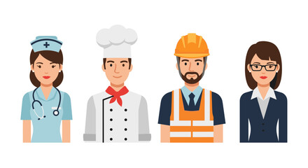 Illustration showcasing a nurse, chef, construction worker, and businesswoman standing together, side by side