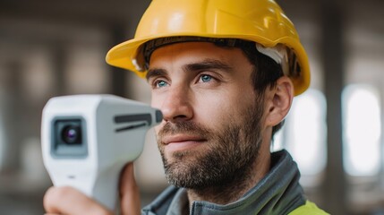 Construction Worker and the innovative Device: a diligent construction worker intently examines a cutting-edge measurement device.