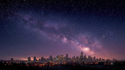 Urban skyline beneath a star-speckled sky. -