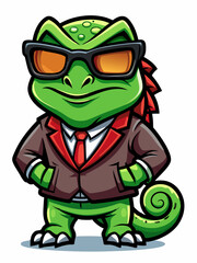 colorful illustration of a cartoon chameleon mascot character