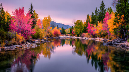 Obraz premium Lush Autumn Landscape with Colorful Trees and Calm River Reflected Under Cloudy Sky