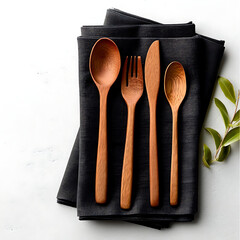  Wooden Cutlery Set on Black Napkin with Green Leaves
