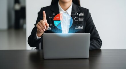 Businesswoman Analyzing Data with Digital Interface on Laptop for Financial Growth