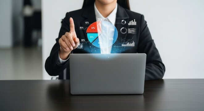 Businesswoman Analyzing Data with Digital Interface on Laptop for Financial Growth