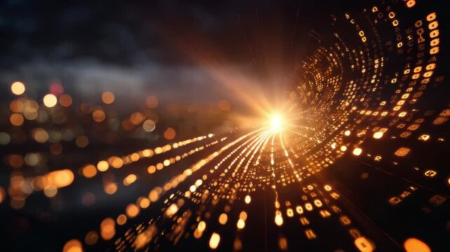 Abstract Digital Tunnel with Glowing Binary Code and Swirl of Data Streams