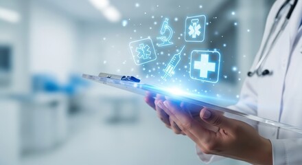 Digital Healthcare Innovation: Doctor Using Tablet with Medical Icons and Modern Technology