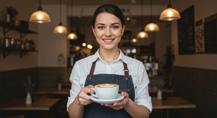 Smiling young female barista in an apron proudly presenting a freshly made cappuccino in a cozy modern cafe