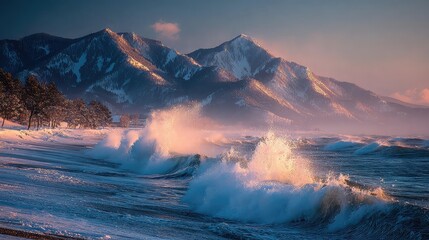 Waves crashing on snowy mountain at sunset.