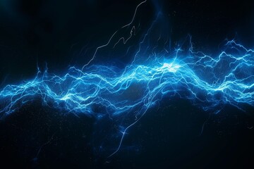 Glowing blue electric energy streams on dark background, particle trails, futuristic electricity concept, minimal tech aesthetic.