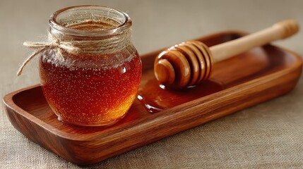 Wooden tray with recycled honey jar and honey dipper. 