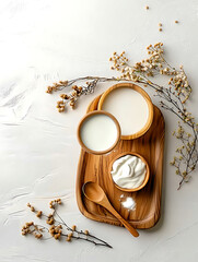  Wooden Tray with Milk, Yogurt, and Dried Flowers on a Light Background