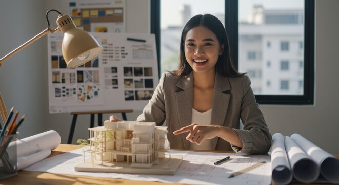 Portrait of a successful Asian female architect presenting her innovative building model with a bright smile in a modern office
