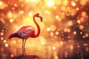 Fototapeta premium Majestic Flamingo Standing in Water with Bokeh Lights Background