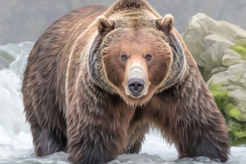 Fototapeta premium Majestic Grizzly Bear Standing in a River with a Serene Backdrop