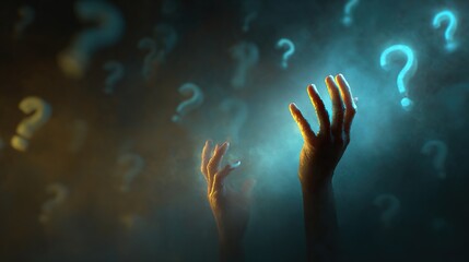 Mysteries Unveiled: Two hands reach towards a glowing question mark, amidst a backdrop of other enigmatic symbols, implying discovery and investigation.