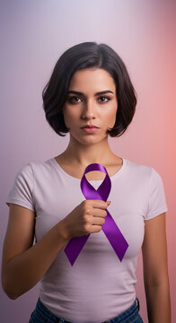 Mulher forte em p&eacute; com express&atilde;o determinada segurando uma fita lil&aacute;s, fundo claro e mensagem de empoderamento feminino