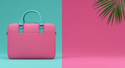 Chic pink laptop bag displayed against a split aqua and pink background with tropical palm a modern product mockup template
