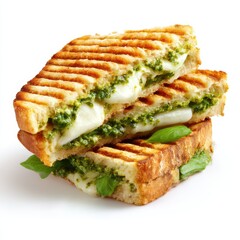 Delicious grilled pesto mozzarella sandwich stacked isolated on white background