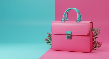 Chic pink satchel handbag exudes modern elegance with vibrant turquoise accents against a striking color block design