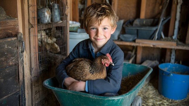 A young boy sits in a wheelbarrow holding a chicken, inside a rustic wooden coop with other chickens and farm supplies. Smiling child