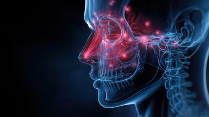 Illustrative overlay on facial profile demonstrating expanding sinus cavities with pulsing red lights representing escalating sinus pressure pain.