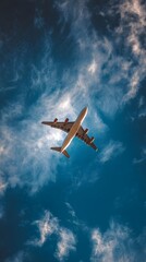 Fototapeta premium A low-angle shot of a large airplane in flight against a blue sky dotted with fluffy white clouds, bathed in sunlight from below, creating contrast.
